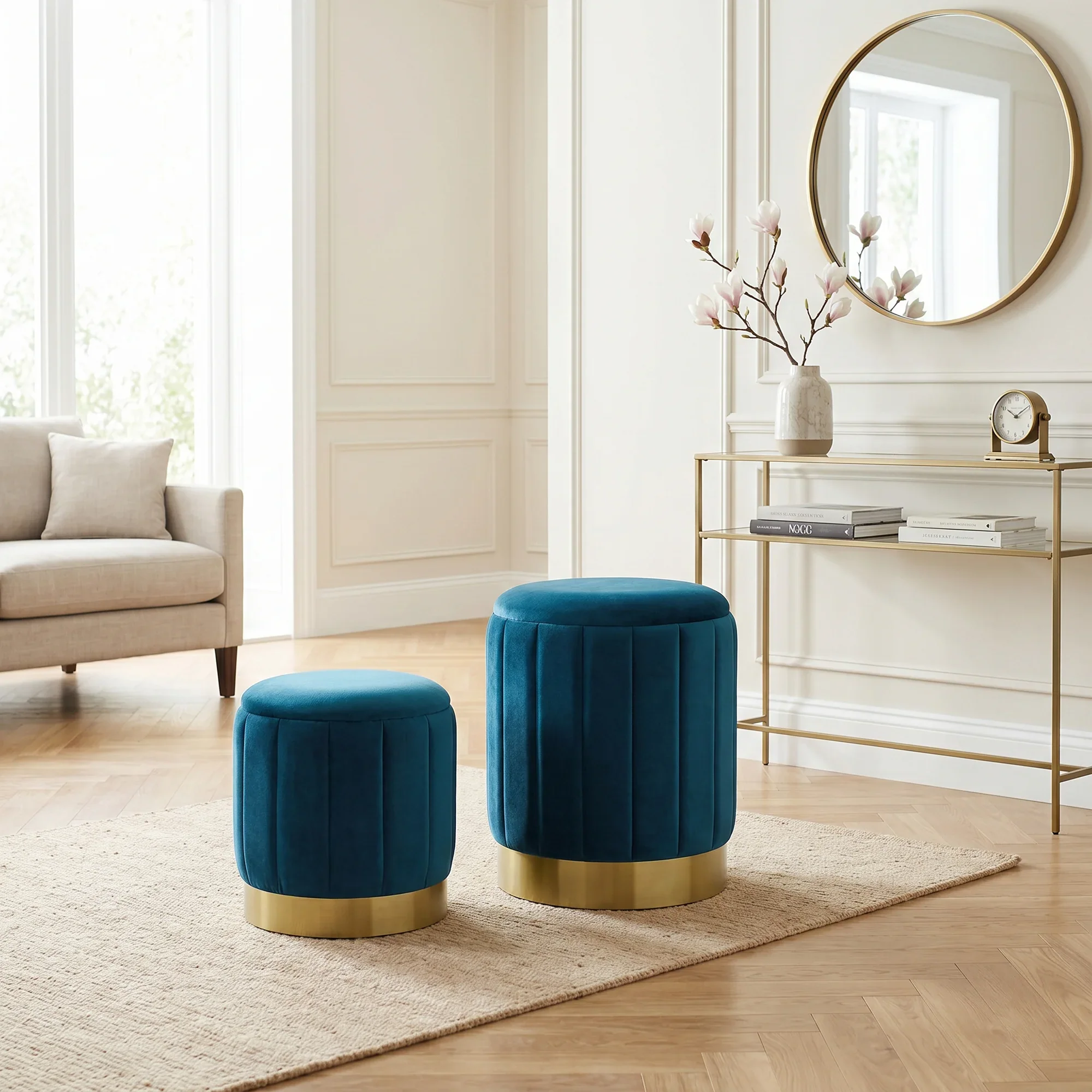 Cedrela - Set di 2 pouf poggiapiedi blu petrolio con contenitore - Image 2