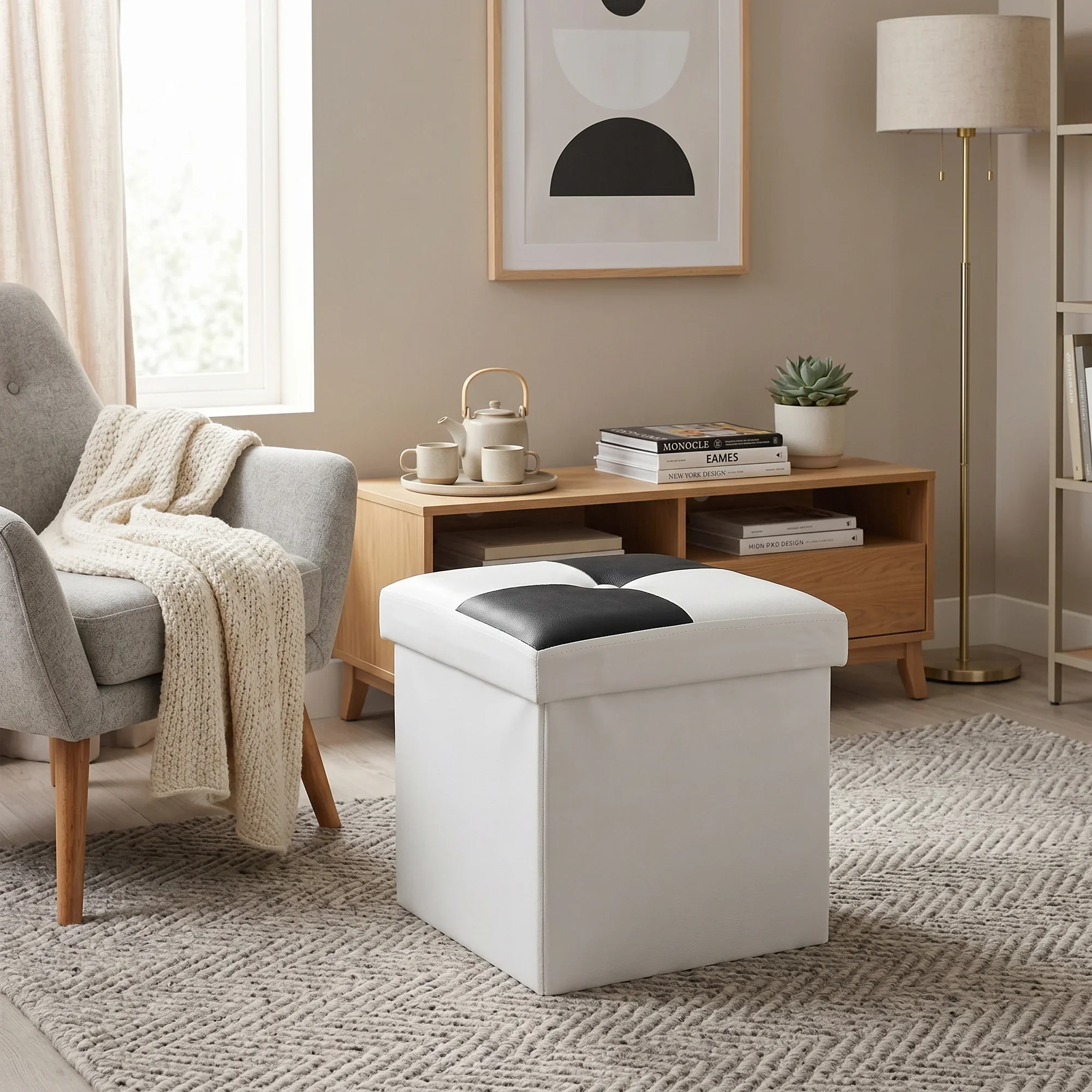 Cydonia - Pouf contenitore a cubo bianco e nero moderno - Image 2