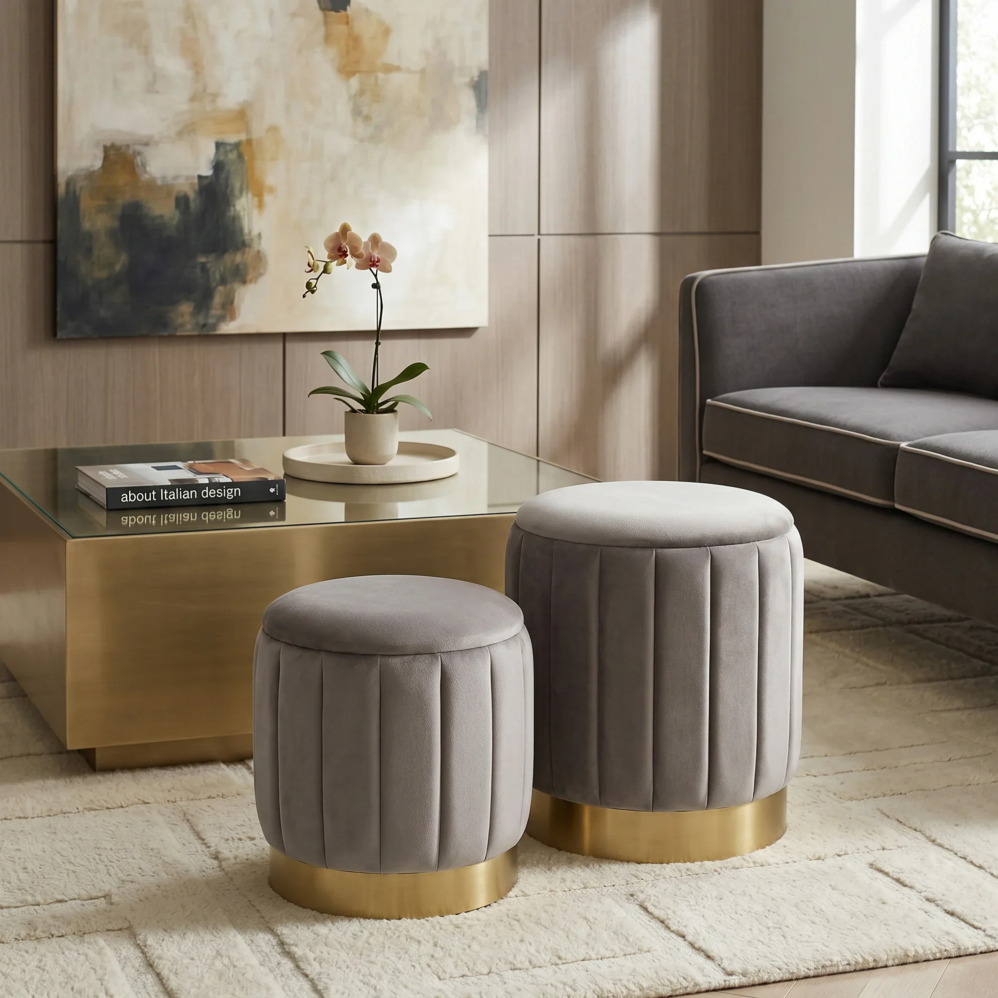 Entelea - Set di 2 pouf beige in velluto con contenitore - Image 2