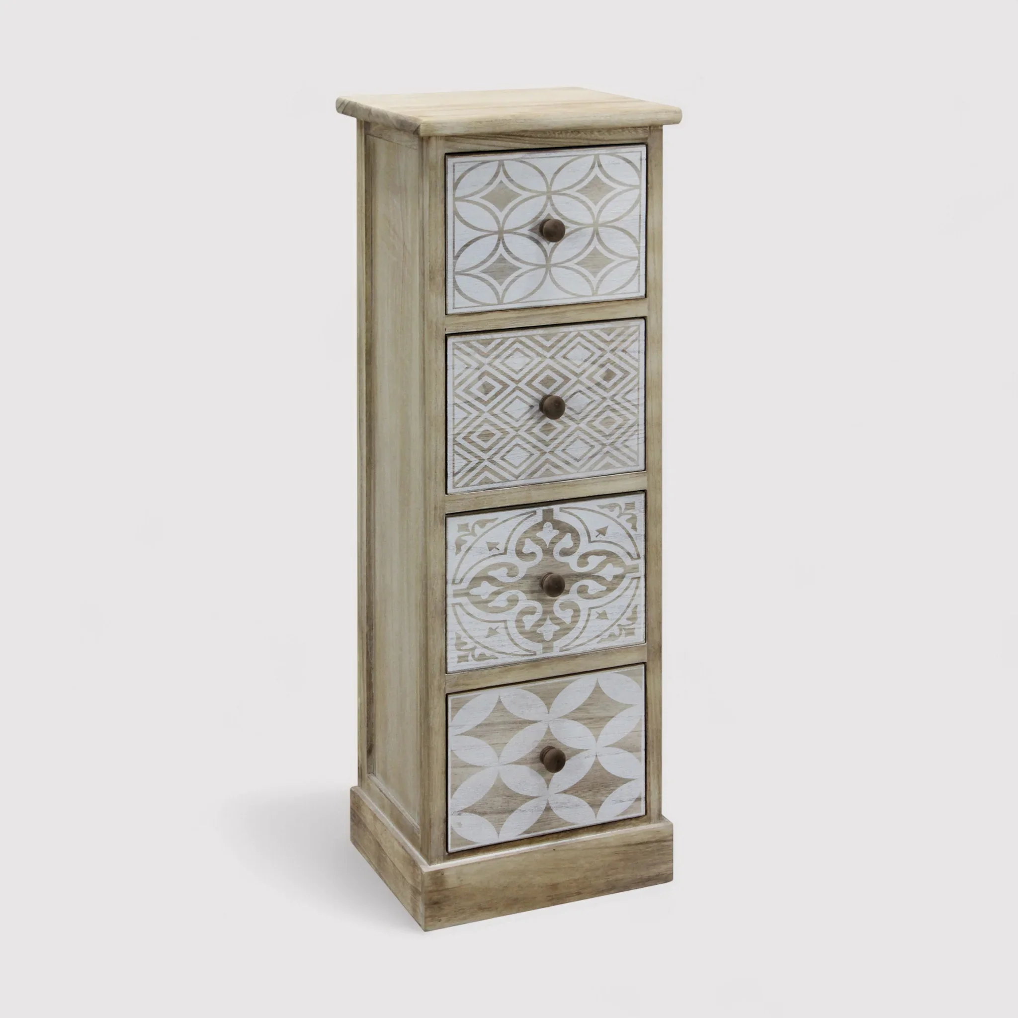 Monstera - Cassettiera bianca in legno con 4 cassetti decorati