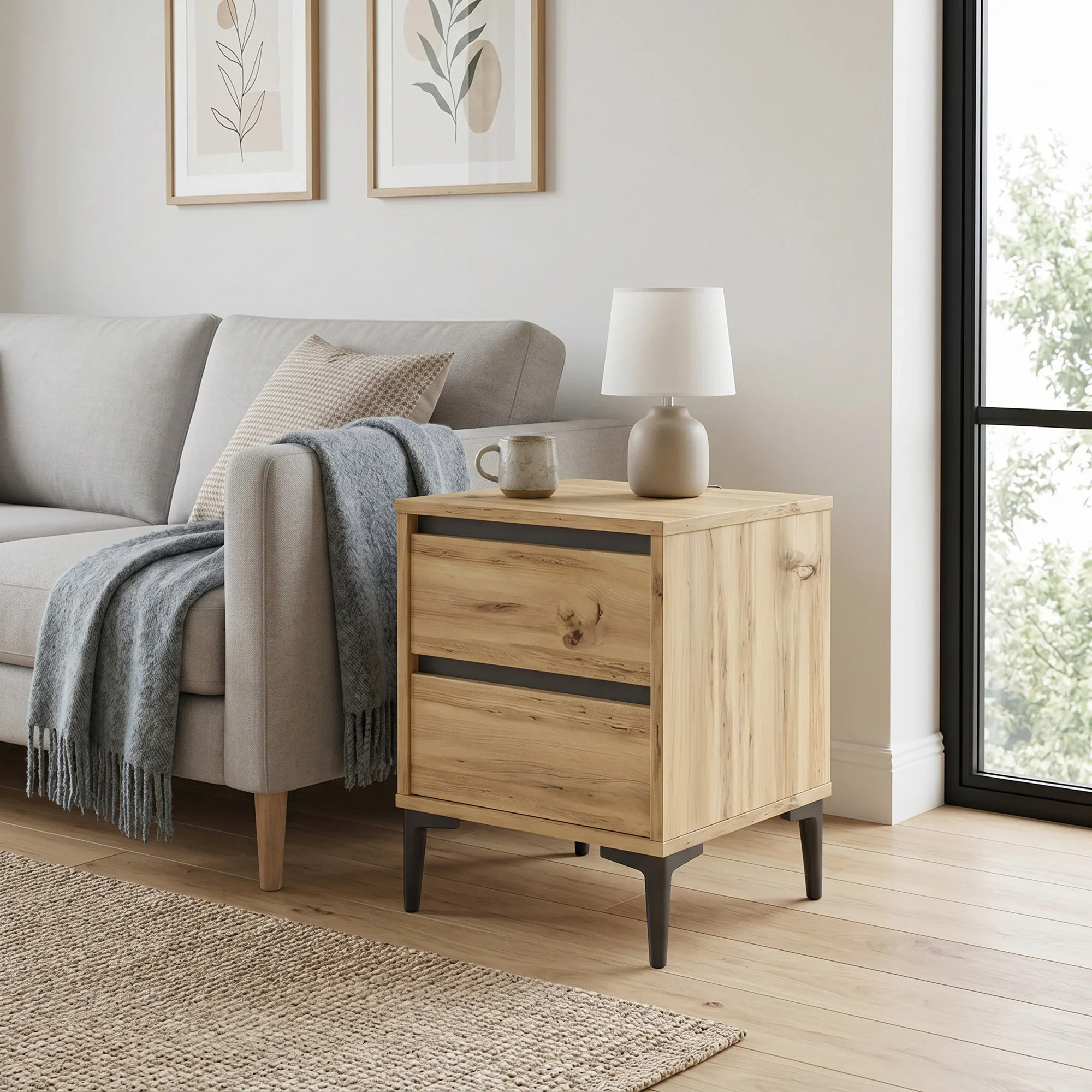 Okwara - Comodino stile scandinavo marrone chiaro con 2 cassetti - Image 2