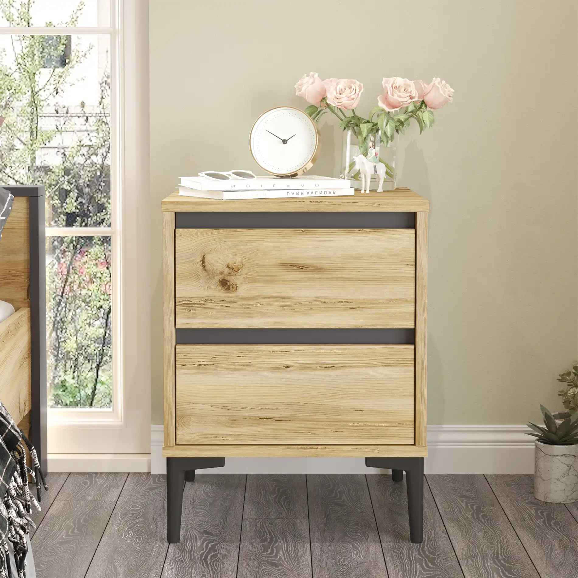 Okwara - Comodino stile scandinavo marrone chiaro con 2 cassetti - Image 3
