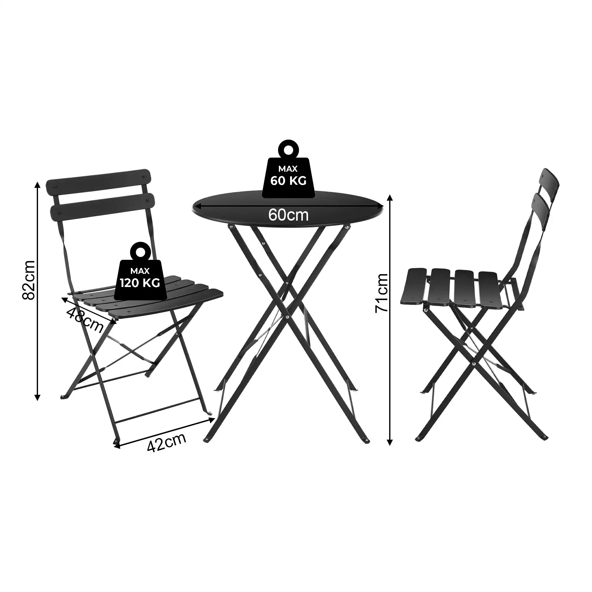 Pequi - Set tavolino e 2 sedie pieghevoli nere per balcone - Image 9