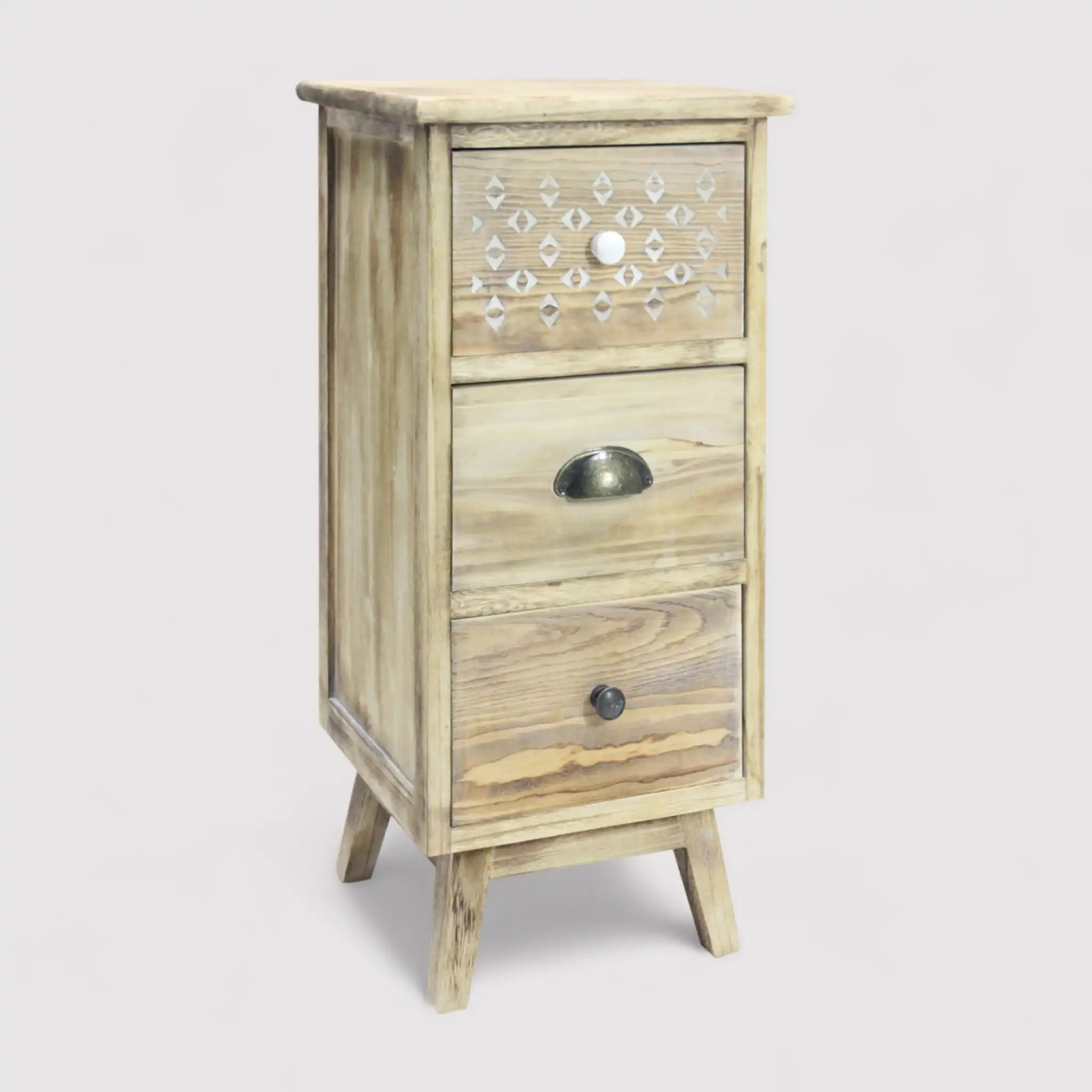 Pitaya - Comodino alto e stretto in stile boho con 3 cassetti