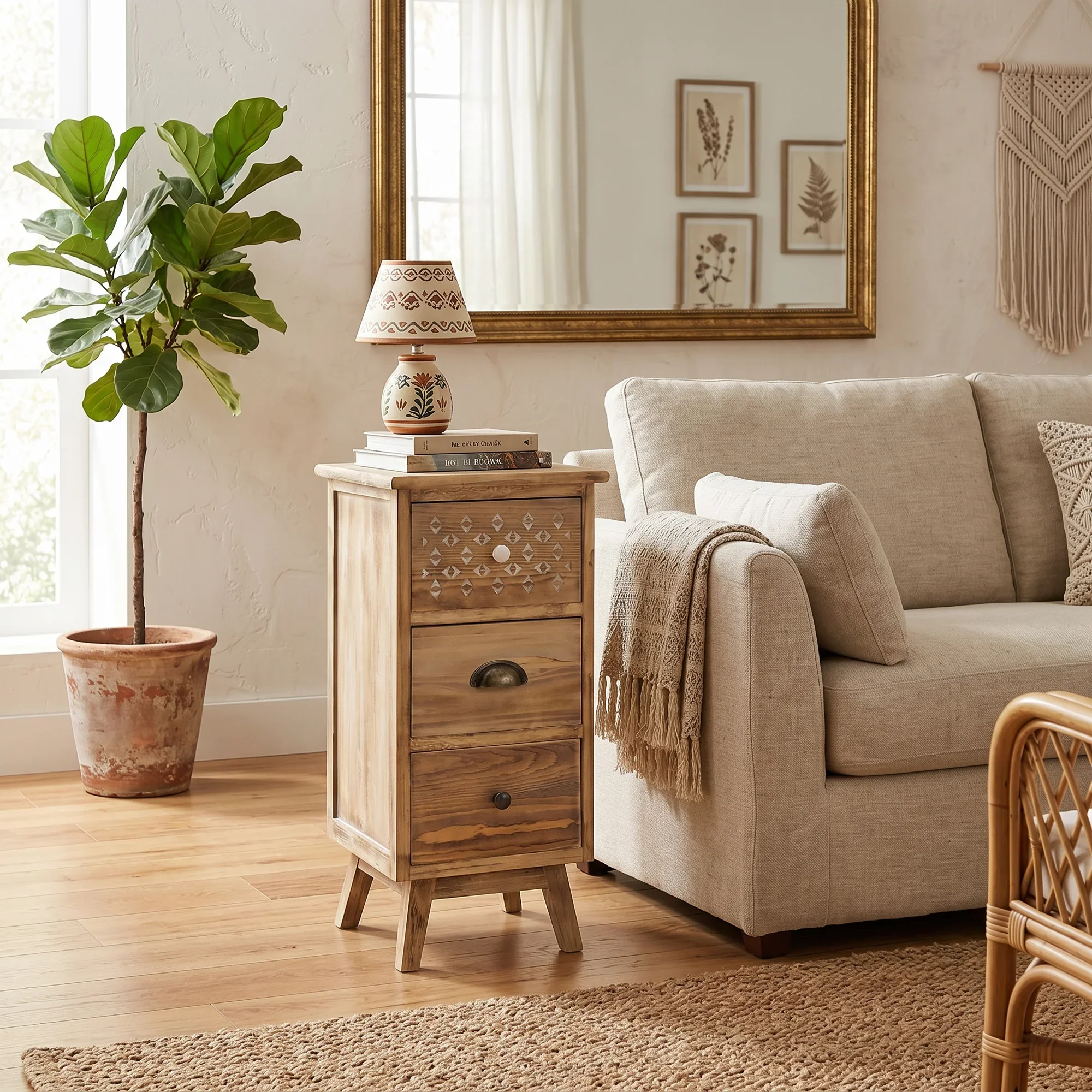 Pitaya - Comodino alto e stretto in stile boho con 3 cassetti - Image 2
